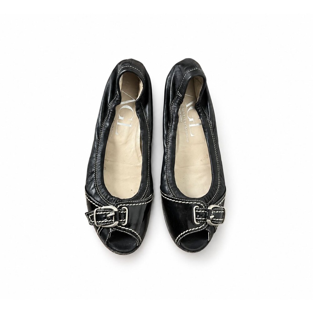 AGL Black Leather Peep Toe Flats Women 40 Patent Buckle Made Italy Ballet Shoes